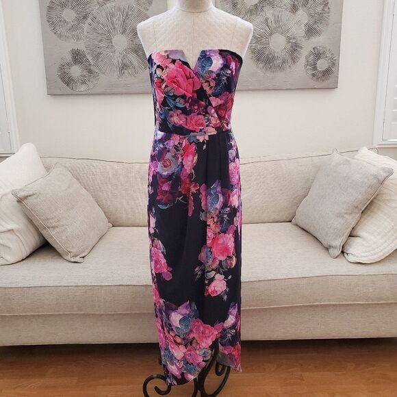 City Chic 'Romantic Rose' Floral Strapless Maxi Dress - size 14 in Black/Pink - Picture 2 of 13